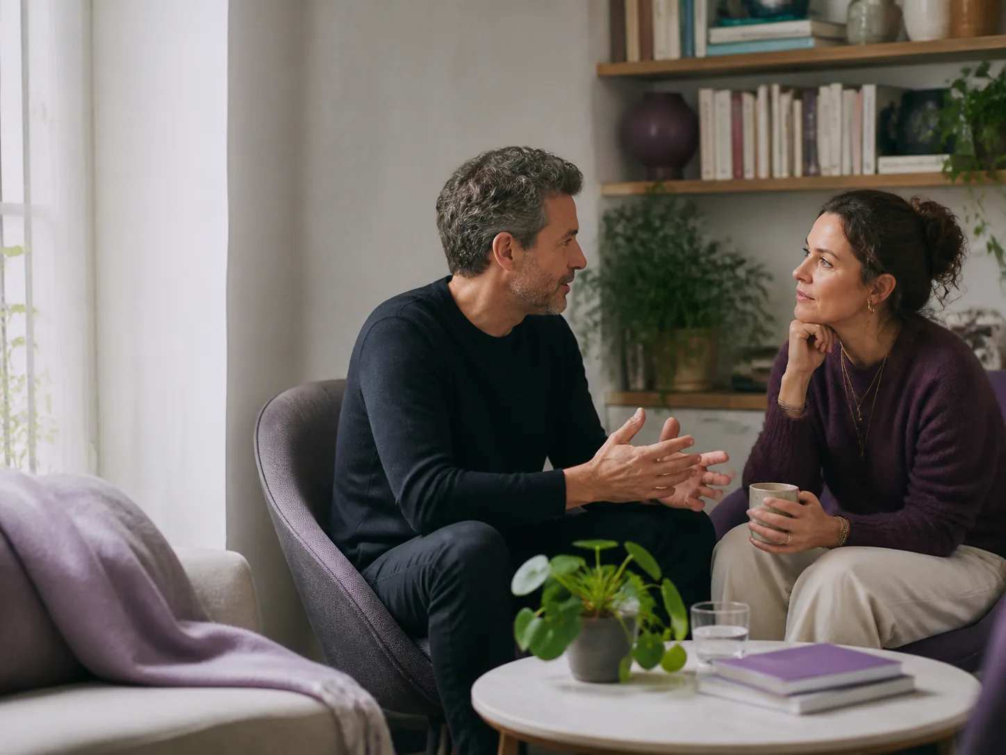 A coach and client in a thoughtful one-to-one conversation